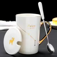 白羊座(白) 创意星座杯子描金陶瓷情侣水杯简约马克杯家用带盖勺咖啡杯办公室