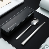 睿智黑(筷勺+盒) 可爱少女心族筷子勺子叉子三件套304不锈钢便携餐具收纳盒套装