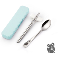 3件套(鼠)勺筷蓝盒 304不锈钢勺子筷子叉子餐具四件套创意成人可爱儿童学生便携套装