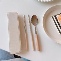 木头款*筷勺2件套 送收纳盒 可爱学生不锈钢便携餐具收纳盒筷子勺子叉子套装三件套日式单人装