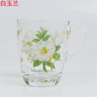 白玉兰手柄杯子 韩国玻璃杯子便携耐热泡茶杯创意家用水杯耐高温防爆烤印花玻璃杯