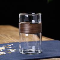 03相思平光(单杯)400ml 日式玻璃水杯木套防烫绿茶杯锤纹茶水分离带盖过滤办公室泡茶杯子