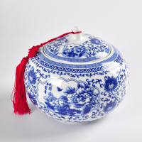 不含礼盒红色穗子 特大号青花瓷陶瓷茶叶罐密封罐复古储藏罐糖罐茶罐青花球形罐摆件