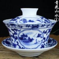 320ml青花山水 盖碗单个茶杯茶具特大号泡茶功夫德化陶瓷三才白瓷青花 300ml