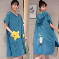 蓝色-摘星星小熊加大/加厚/吸水强 穿衣式浴巾可穿可裹斗篷吸水家用长款女成人浴衣浴袍大人毛巾浴裙