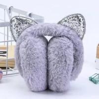 亮片猫耳朵耳罩 灰色 冬季保暖耳罩女耳套可爱耳包耳暖耳捂韩版护耳罩毛绒耳朵套送女友