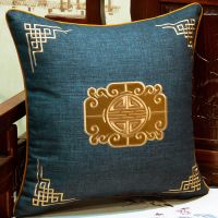 福纹 深蓝 35*50cm(只有枕套) 中式棉麻抱枕靠垫套刺绣现代客厅长正方形沙发床头大靠包靠枕外套