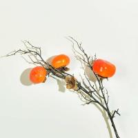 1支3头黄扁柿子 带霜仿真柿子果树枝假花摆件浆果客厅家居软装干插花事事如意摆件