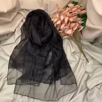 黑色 金红线小格子 70x190cm 真丝围巾女韩版百搭bling闪闪亮丝格子丝巾真丝羊毛围巾纱巾披肩