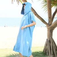 素色蓝色 韩国可穿式防风吸水速干毛巾衣沙滩浴袍成人潜水游泳浴巾斗篷男女