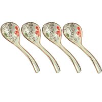 大红花4个装 日式陶瓷长柄小汤勺景德镇家用喝粥喝汤创意调羹汤匙可爱吃饭勺子