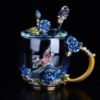 无礼盒-蓝玫瑰矮+珐琅盖+珐琅勺 送 耐热珐琅彩玻璃杯水杯女花茶杯家玫瑰花茶杯用杯子套装大创意礼物