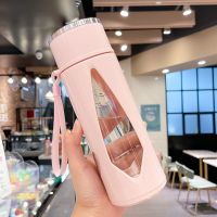 粉色480ml 单杯 双层带盖玻璃杯便携式透明简约带盖办公室泡茶杯水杯女学生随手杯