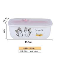 2格起司猫陶瓷饭盒 (按压款) 卡通陶瓷三分隔便当饭盒学生上班族带盖微波炉加热密封收纳保鲜盒