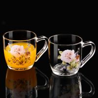 两只繁花见把杯 家用玻璃餐具套装碗盘杯组合环保印花贴花玻璃杯玻璃碗玻璃盘耐热