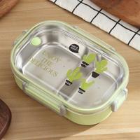 绿色仙人掌饭盒 卡通304不锈钢饭盒学生女上班族餐盒可爱分格便当盒保温餐盒餐具
