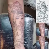 一张 割线虞姬线条刺青色艺妓花臂纹身贴貂蝉滴泪艺伎防水持久逼真纹身