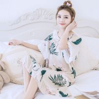 CLT40101柳叶花黄 L (100-115) 棉绸睡衣女韩版睡裙女生夏季薄款人造棉睡衣短袖绵绸家居服连衣裙