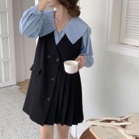 蓝色衬衣 S 2021秋冬季chic减龄复古风琴褶娃娃领衬衫+宽松压褶西装料背心裙
