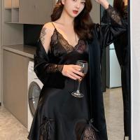 黑色(套装) L 建议130斤内 特大码胖MM300斤睡衣女吊带性感蕾丝睡裙女家居黑色睡衣套装女秋