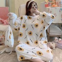 小雏菊睡裙+收纳袋 [加长款] M [参考60-110斤] 星星睡袍女秋冬季珊瑚绒长袖睡衣加厚保暖长款法兰绒连帽加肥大码