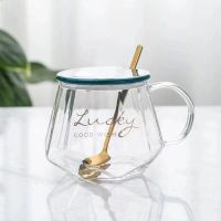 平盖绿色lucky 快递泡沫包装 恒温玻璃杯子透明带把咖啡杯情侣水杯女家用茶杯伴手礼马克杯带盖