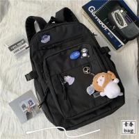 黑色-不防水 素包(无徽章挂饰) 韩版ins风百搭学生书包女原宿ulzzang大容量背包高中初中生双肩包