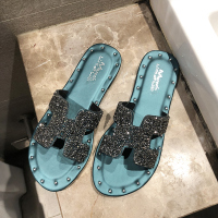 绿色 35 水钻拖鞋女2021夏季韩版时尚外穿平底一字拖ins潮仙女风软底凉鞋