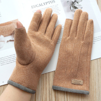 女款-驼色 均码 欧伊莱米秋冬男女情侣款双层加厚加绒半露指触屏保暖骑行开车手套