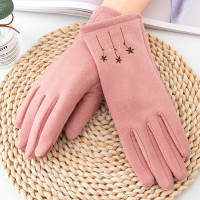 麂皮绒触屏手套-粉色1双 冬季女士加绒骑行韩版触屏加厚保暖漏户外冬天骑车学生麂皮绒手套