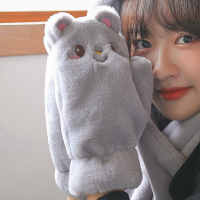 可爱熊-灰色手套 均码 手套冬天女加绒可爱保暖骑车防寒秋冬季学生棉小熊帽子围巾ins潮