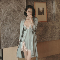 湖蓝色 160(M) (85斤—105斤) 睡衣女夏季冰丝绸韩版蕾丝吊带胸垫性感睡裙睡袍两件套成人家居服