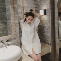 可调节袖长款 S 建议体重80-105斤 春秋男友风白衬衫睡衣小性感宽松休闲百搭衬衣中长款可外穿睡裙女