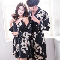 长袖龙袍-黑色 女M送男L 情侣性感睡衣冰丝春夏季男大码长袖套吊带睡裙浴袍女秋丝绸家居服