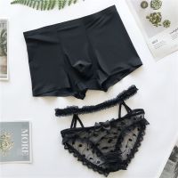 连腰黑 女均码男L 冰丝夏季情侣内裤性惑蕾丝情侣款一对透明网纱激情火辣内衣套装