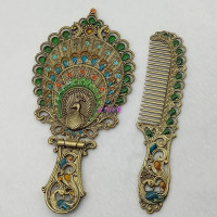 开屏孔雀古铜 中号单独礼盒 欧式复古折叠孔雀公主随身镜俄罗斯城堡手柄小镜子结婚礼物化妆镜