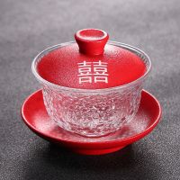 喜字盖碗 日式耐热玻璃盖碗陶瓷手抓三才盖碗家用泡茶碗透明敬茶碗大号