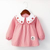 草莓格子红色 90(建议0-1岁) 女宝宝吃饭罩衣儿童围裙长袖防水防脏反穿衣春秋婴儿围兜饭兜护衣