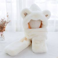 白色 1时尚亲子小熊帽子保暖围脖可爱女百搭秋冬围巾一体手套三件套