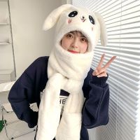 小兔耳朵白色(成人款) 帽子女秋冬季百搭小兔耳朵毛绒可爱手套围巾一体骑车保暖三件套潮
