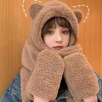 泰迪绒卡其色三件套 小熊帽子保暖围脖可爱女百搭秋冬季冬天围巾一体骑车手套三件套棉
