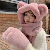 超柔软粉色 小熊耳朵帽子韩版可爱女毛绒百搭秋冬围巾一体保暖手套围脖三件套