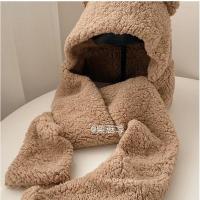 棕色小熊一体帽 小熊护耳朵帽子女秋冬季可爱冬天毛绒围巾连帽一体韩版百搭保暖潮