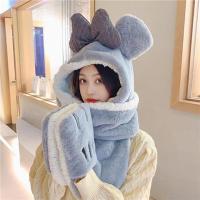 779#-浅蓝色 均码(56-58cm) 帽子围脖一体女秋冬韩版可爱羊羔毛绒保暖骑车蝴蝶结手套套装围巾