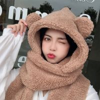 二件套咖色 小韩国jennie同款冬季保暖百搭卖萌一体帽熊耳朵学生帽子围巾一体