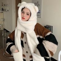升级款-帽子围巾手套三件套-奶白色 均码:双层加厚(55-58cm) 小熊护耳朵帽子女秋冬季可爱冬天毛绒围巾连帽一体韩版