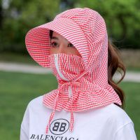 红色格子遮脸款 遮阳帽子男女夏季采茶骑车遮脸百搭大檐防紫外线遮阳防晒帽透气