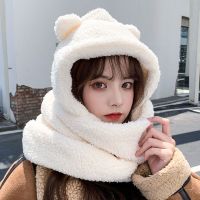 小熊-白色[头套+围脖+手套]三件套 秋冬可爱小熊女生帽子围巾手套三件一体套装宝宝暖加厚围脖套头帽