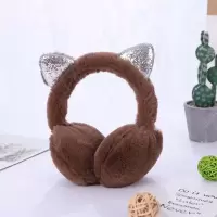 不折叠亮片猫耳卡其 耳罩女冬季耳套亮片猫耳朵韩版可爱卡通防寒防冻毛绒保暖折叠耳暖