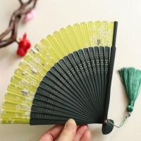 墨绿骨草绿色樱花+流苏送扇套 [月亮扇复古风5寸女扇夏季携带小扇子汉服扇竹柄折扇日用扇绿樱花